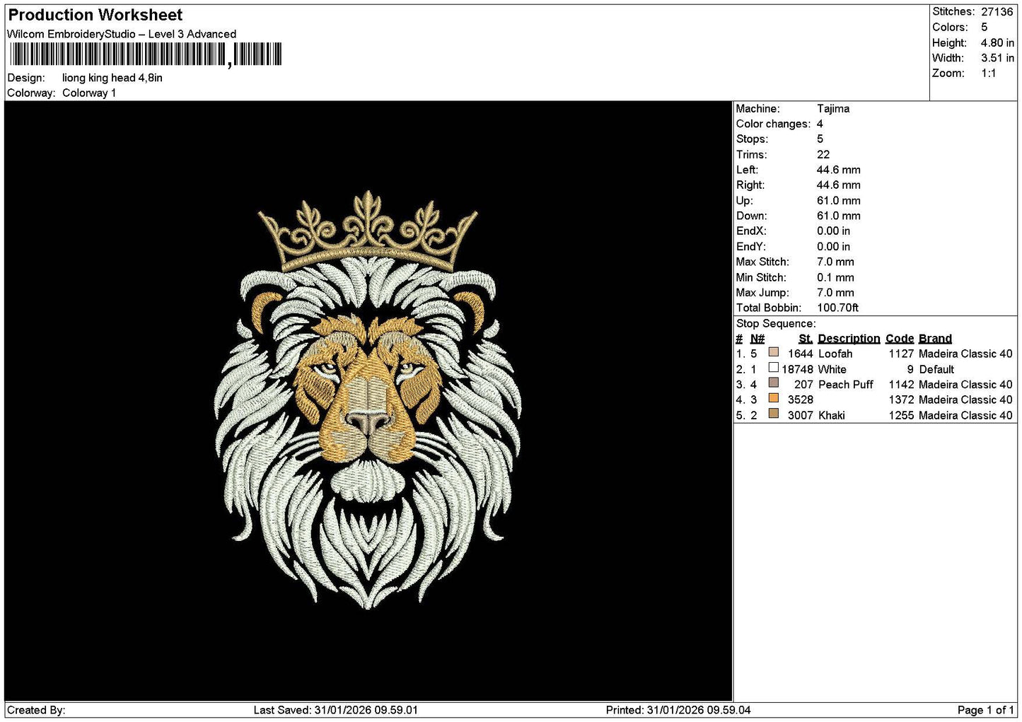 Lion Head 3101 Embroidery File 6 sizes