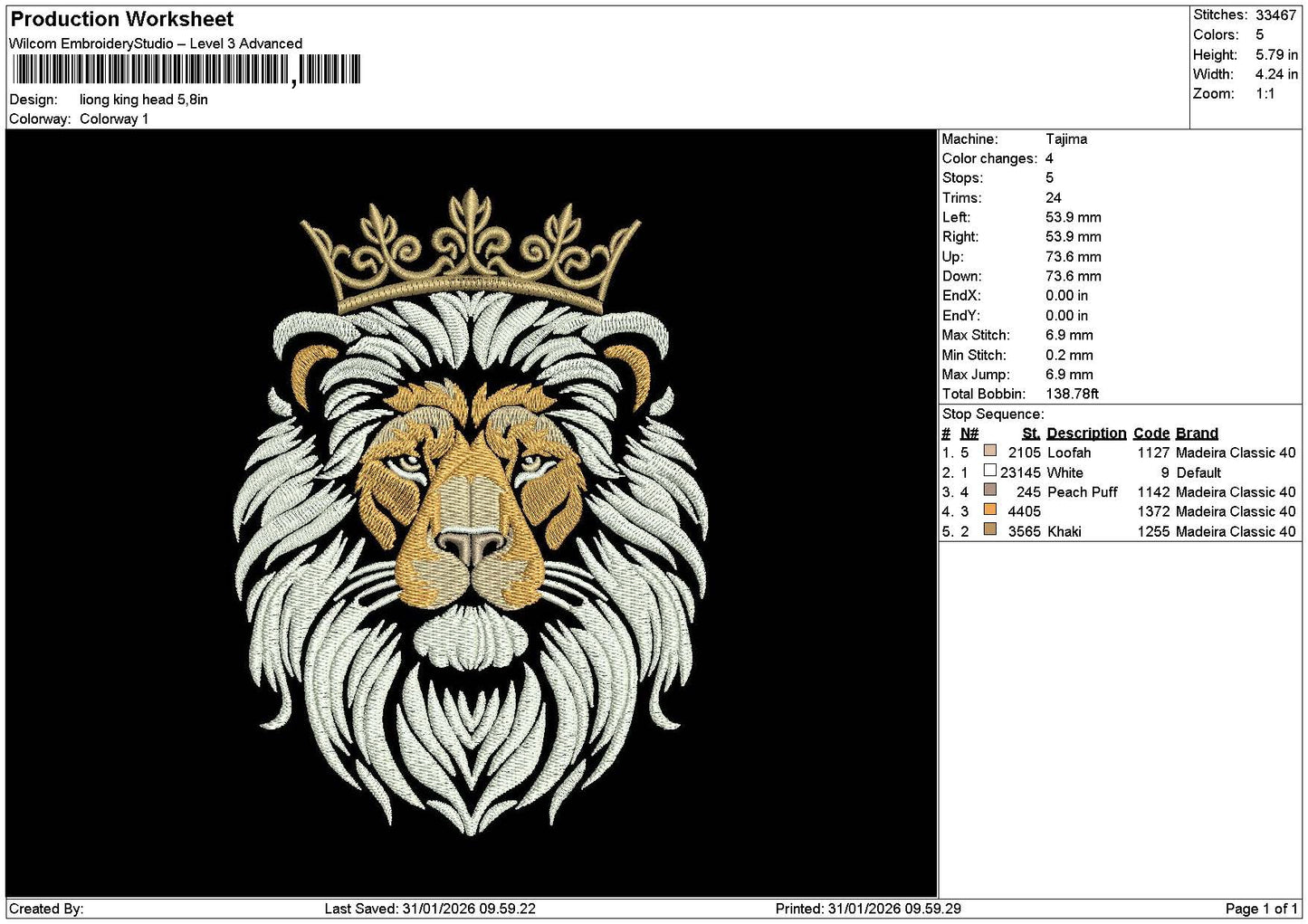 Lion Head 3101 Embroidery File 6 sizes
