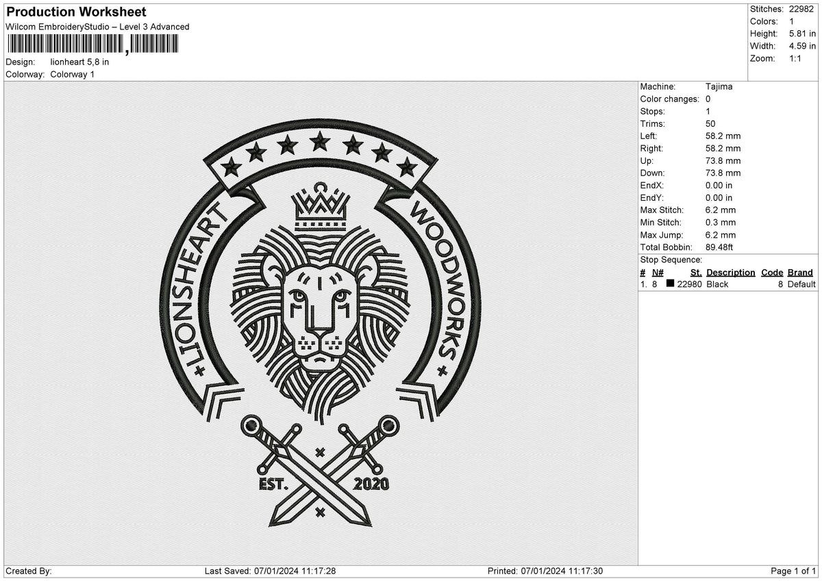 Lionheart Embroidery File 6 size