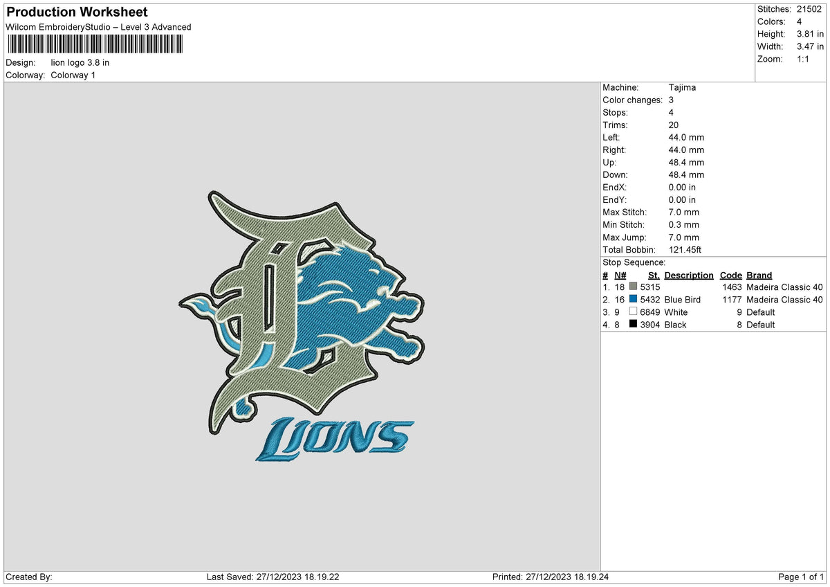 Lion L Embroidery File 6 sizes