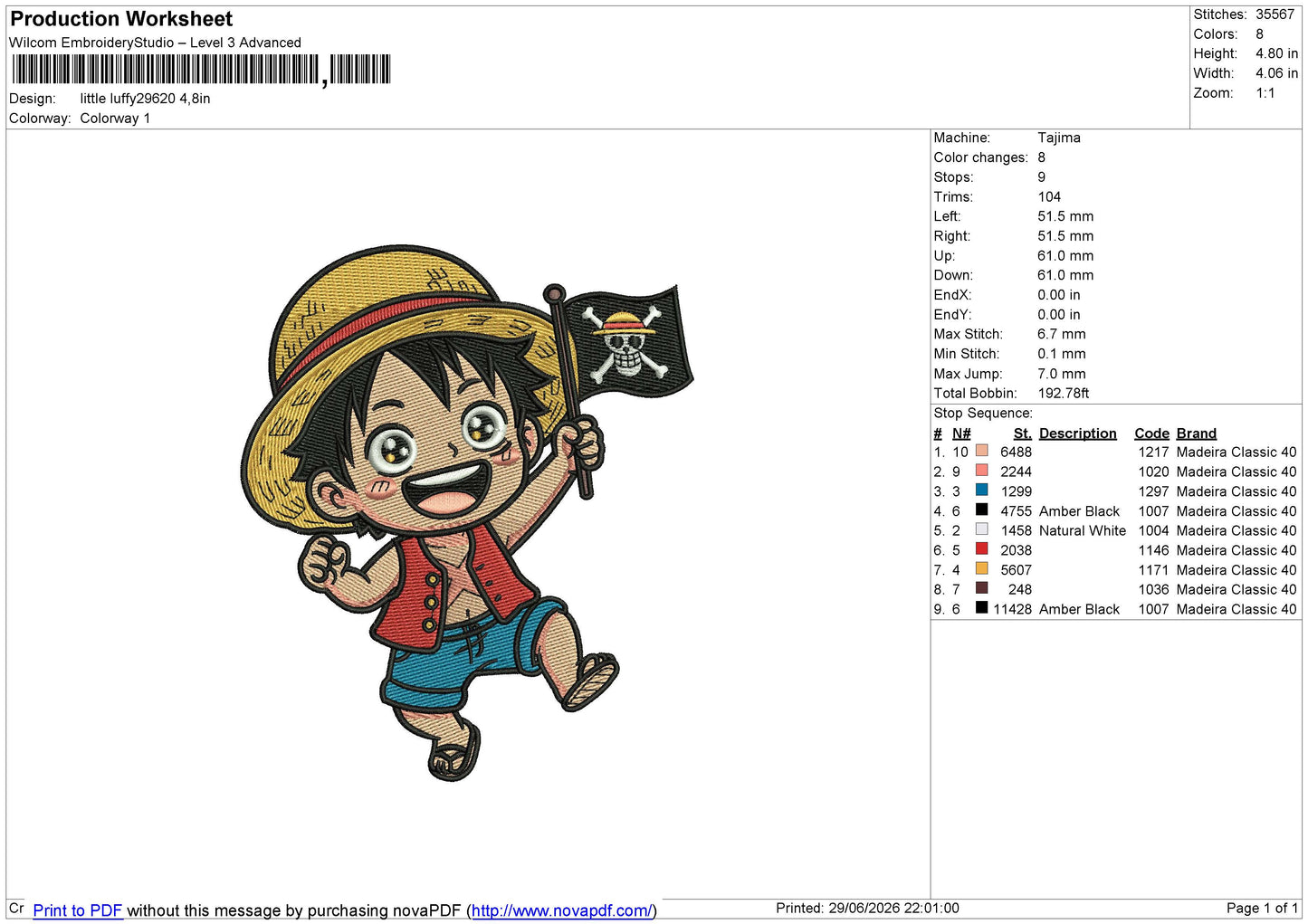 Little Luffy29620 Embroidery File 6 sizes