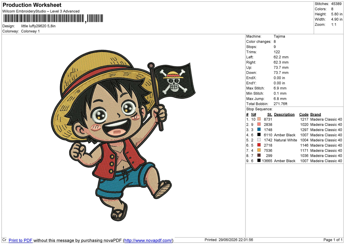 Little Luffy29620 Embroidery File 6 sizes