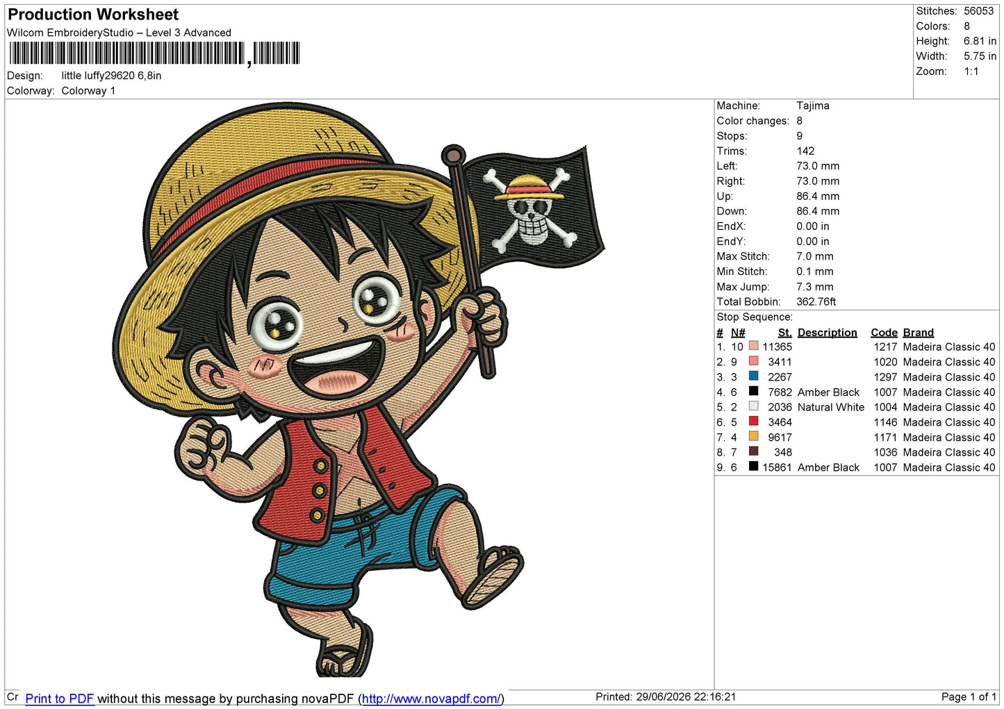 Little Luffy29620 Embroidery File 6 sizes