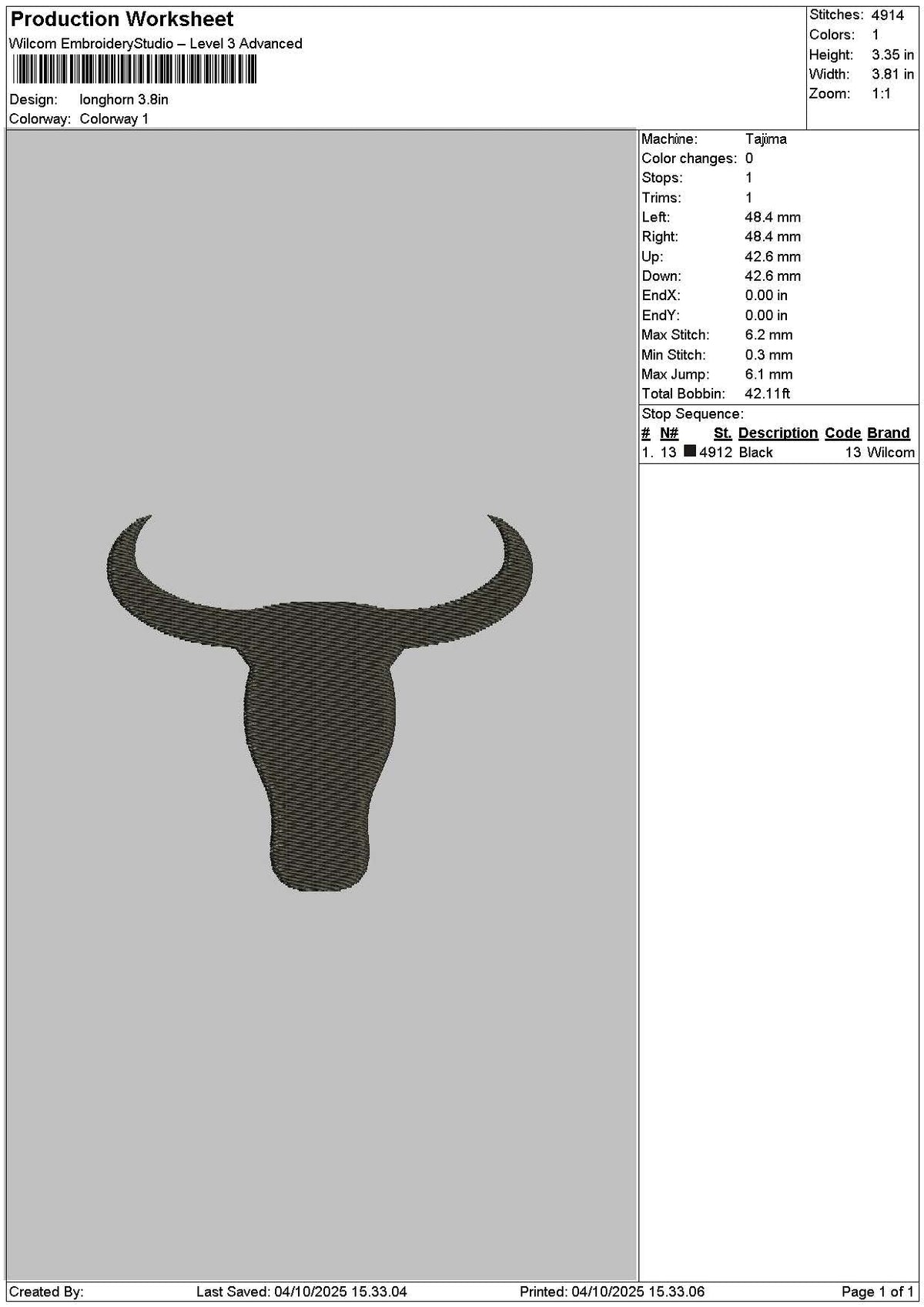 Longhornflat Embroidery File 6 sizes