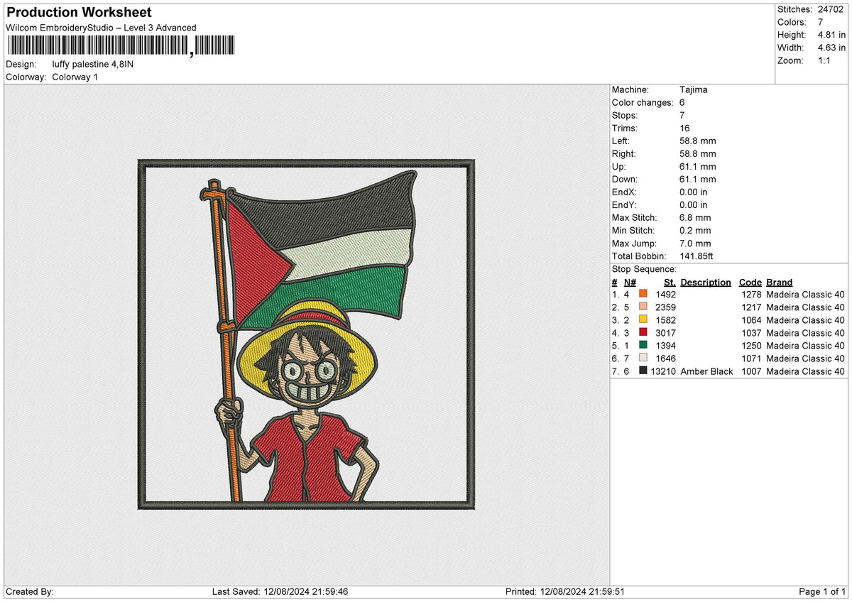 Luffy Palestine Embroidery File 6 size