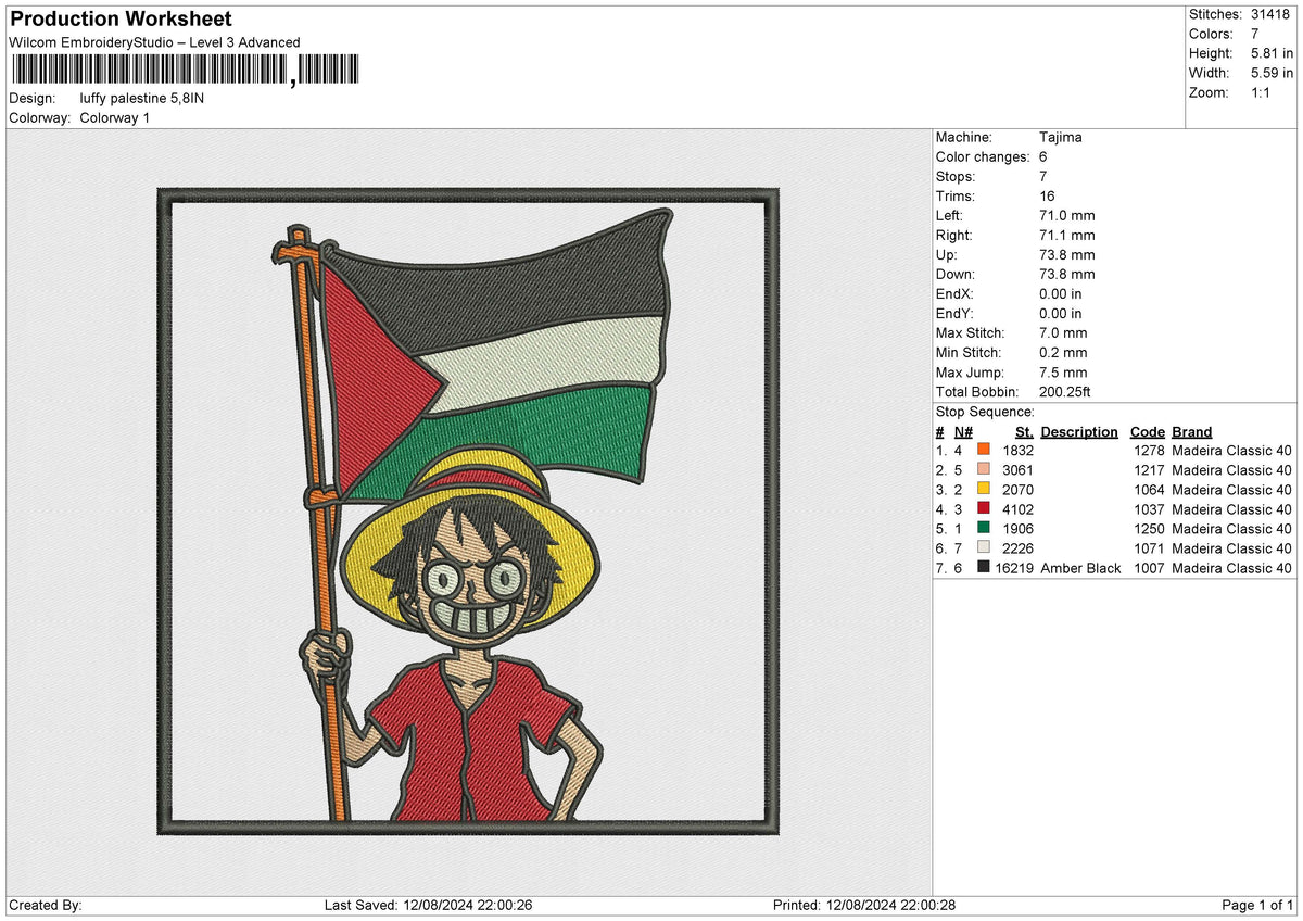 Luffy Palestine Embroidery File 6 size