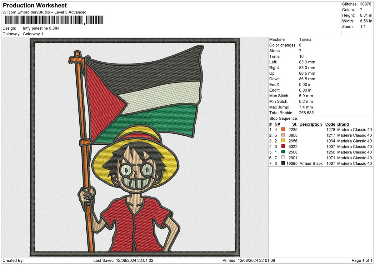 Luffy Palestine Embroidery File 6 size