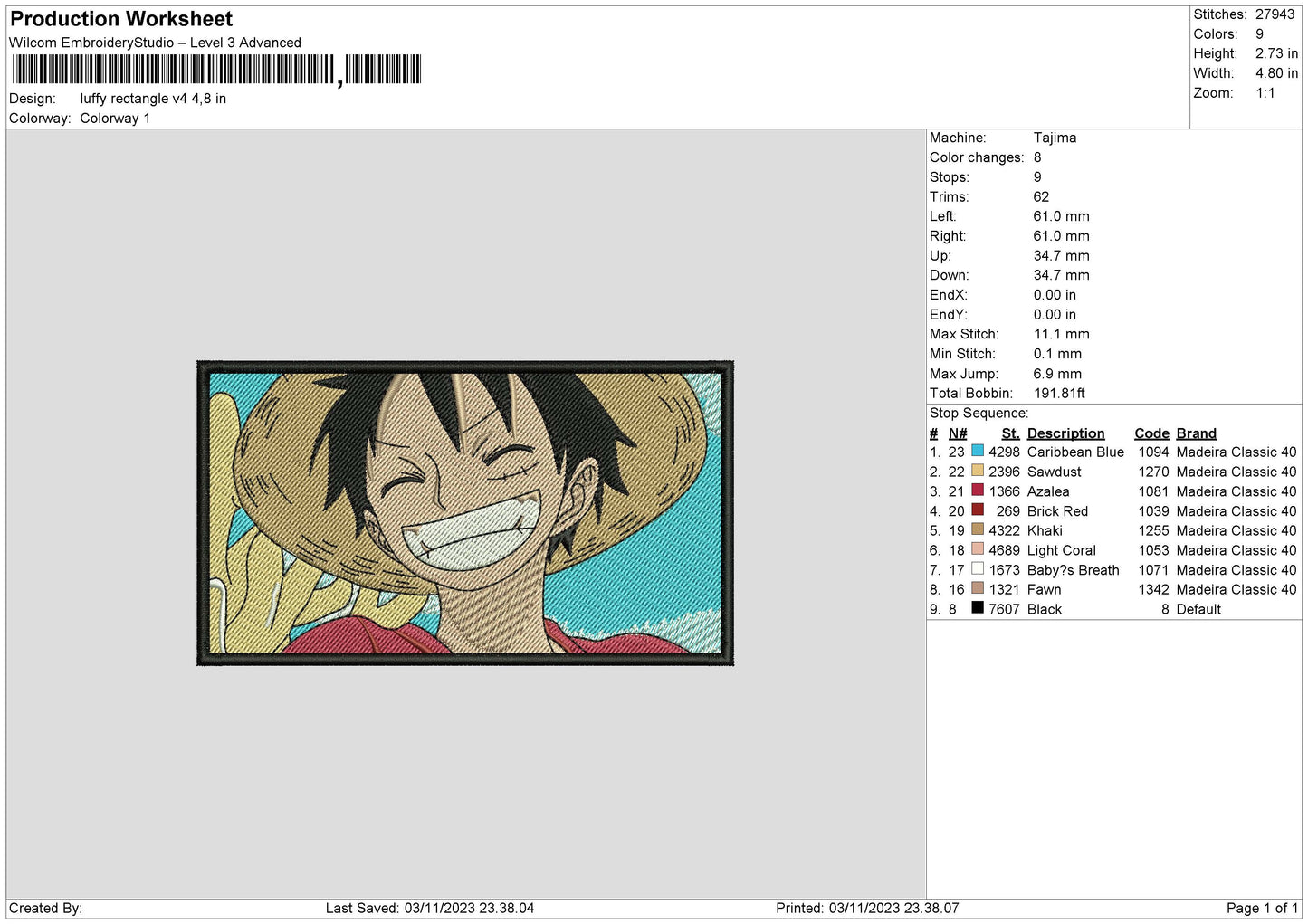 Luffy Rectangle V4 Embroidery File 6 sizes