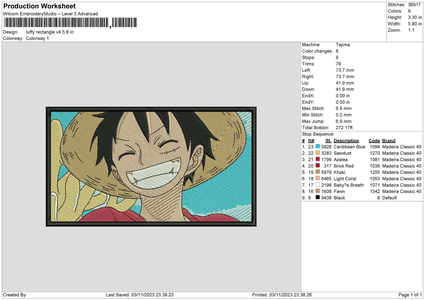 Luffy Rectangle V4 Embroidery File 6 sizes