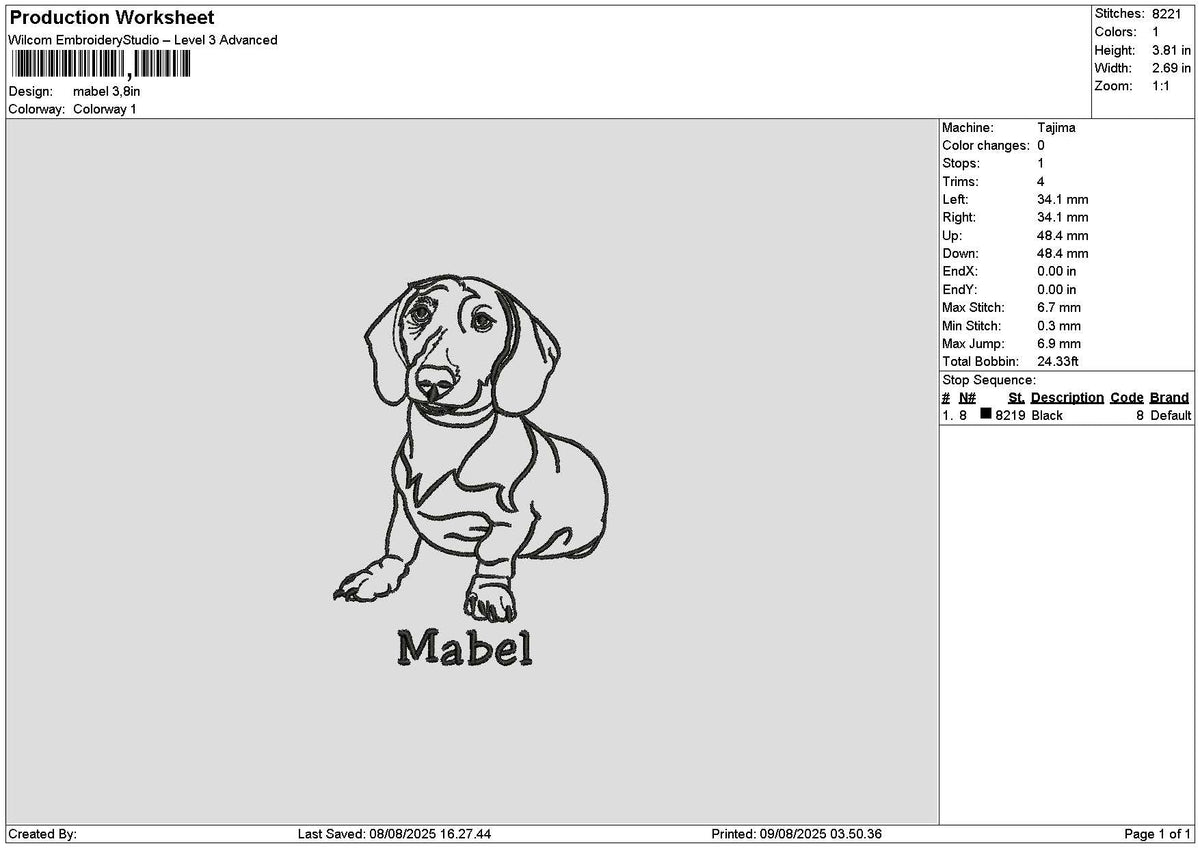 Dog Outline Mabel Embroidery File 6 sizes