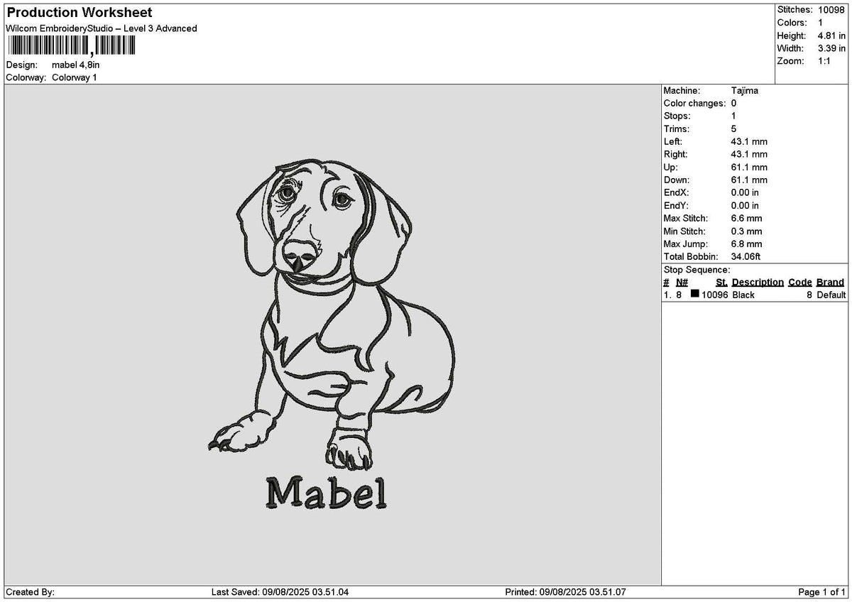 Dog Outline Mabel Embroidery File 6 sizes