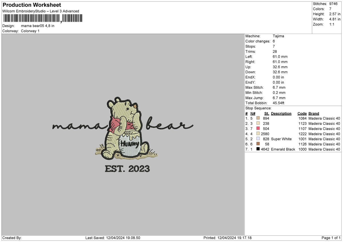 Bear1204 Embroidery File 6 sizes