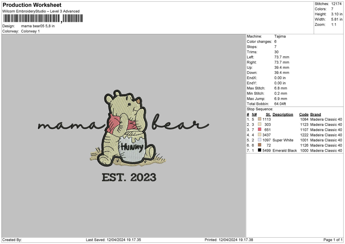 Bear1204 Embroidery File 6 sizes