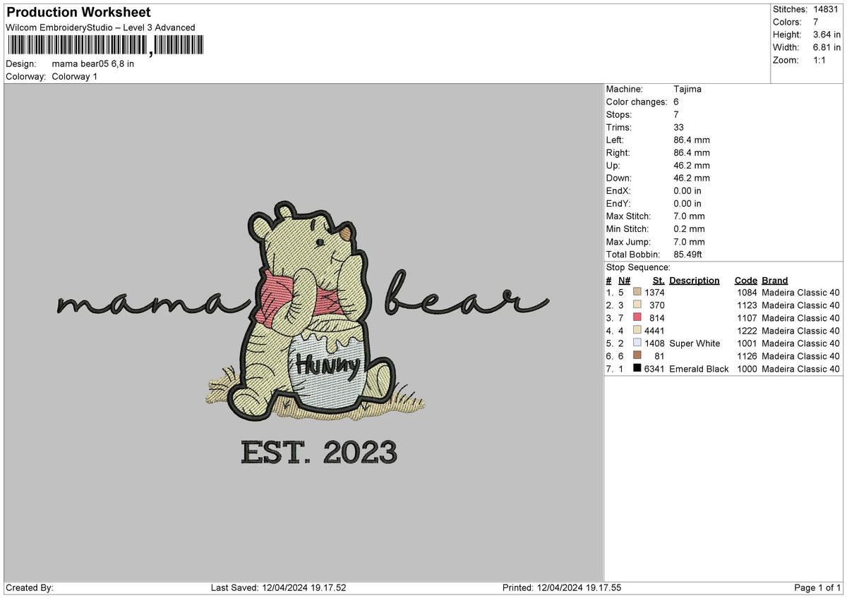 Bear1204 Embroidery File 6 sizes