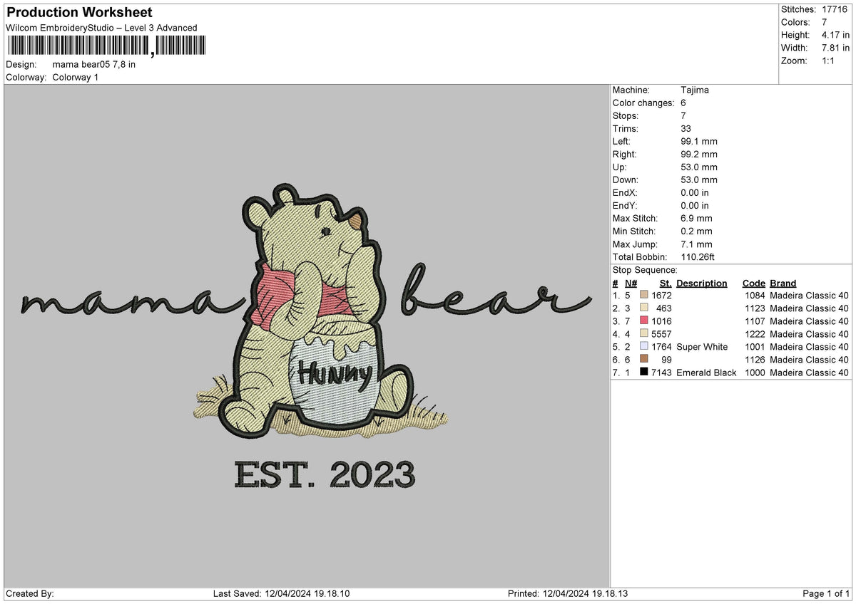 Bear1204 Embroidery File 6 sizes