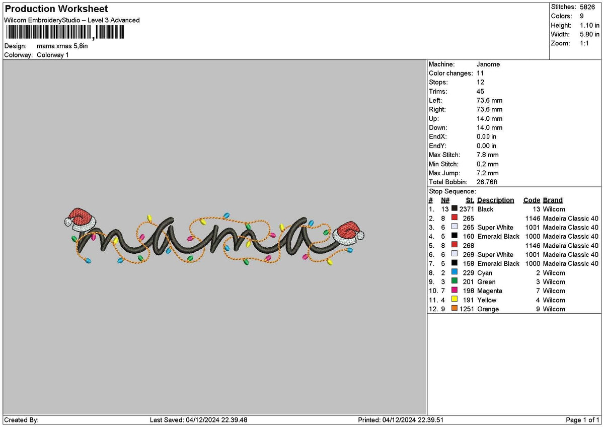 Mama Xmas 0412 Embroidery File 6 sizes