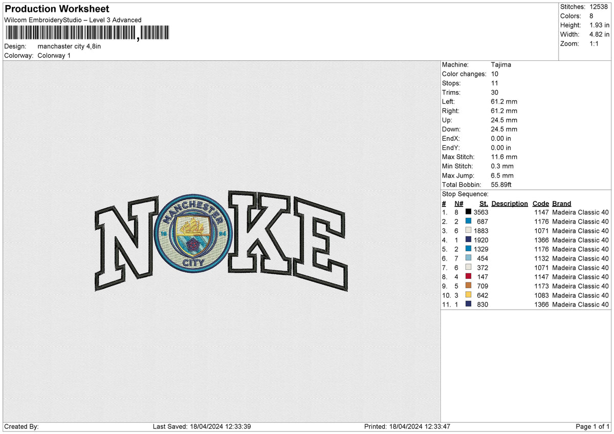 Manchaster city Embroidery File 6 size