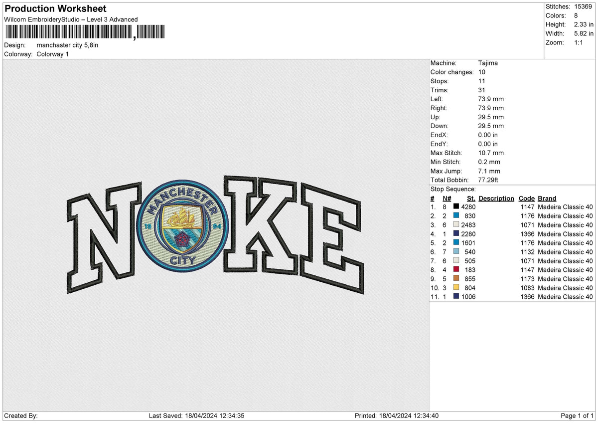 Manchaster city Embroidery File 6 size