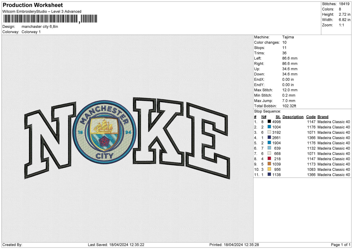 Manchaster city Embroidery File 6 size