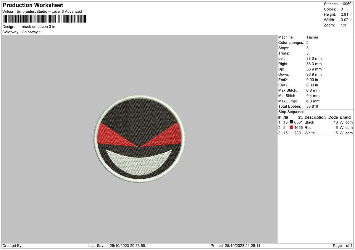 Mask Emoticon Embroidery File 6 sizes