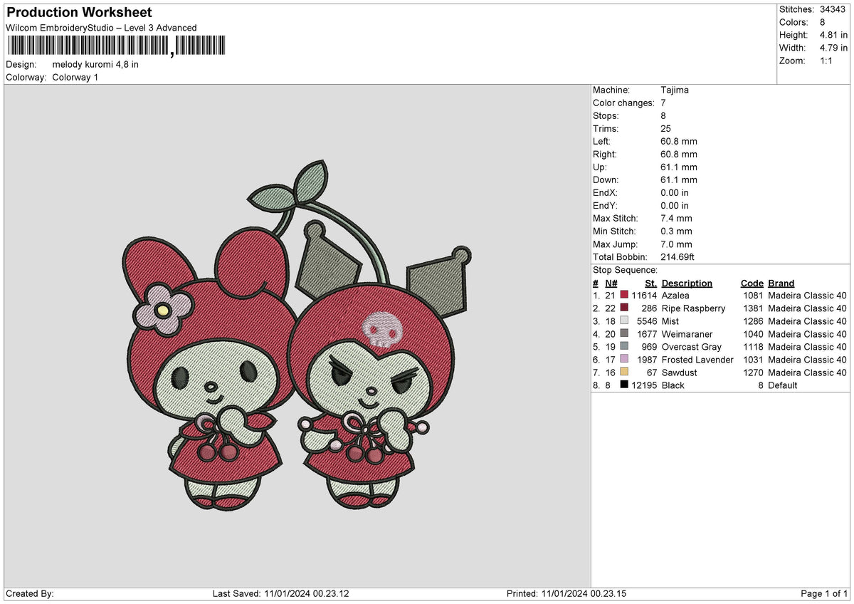 Melokuro 1101 Embroidery File 6 sizes