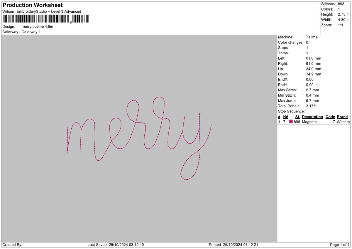 Merry Outline Embroidery File 6 sizes