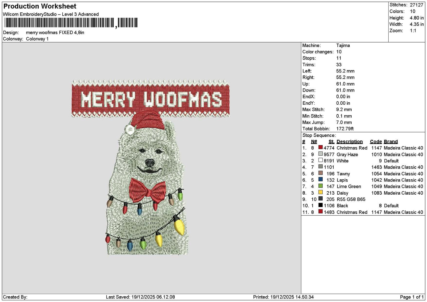 Dog White Xmas Embroidery File 6 sizes