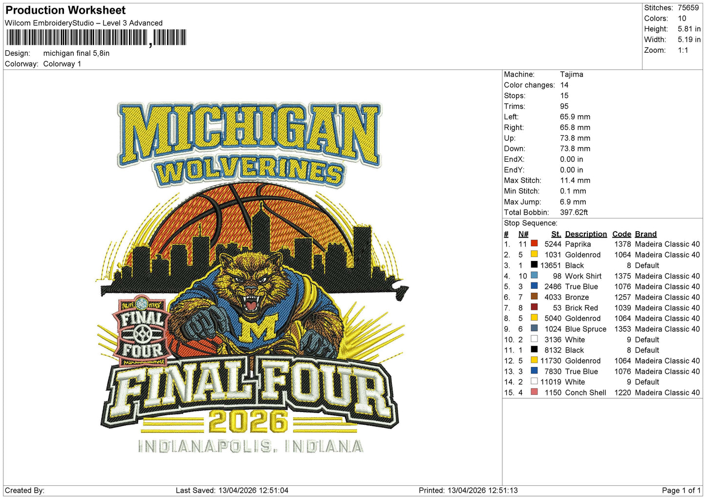 Michigan final Embroidery File 6 sizes