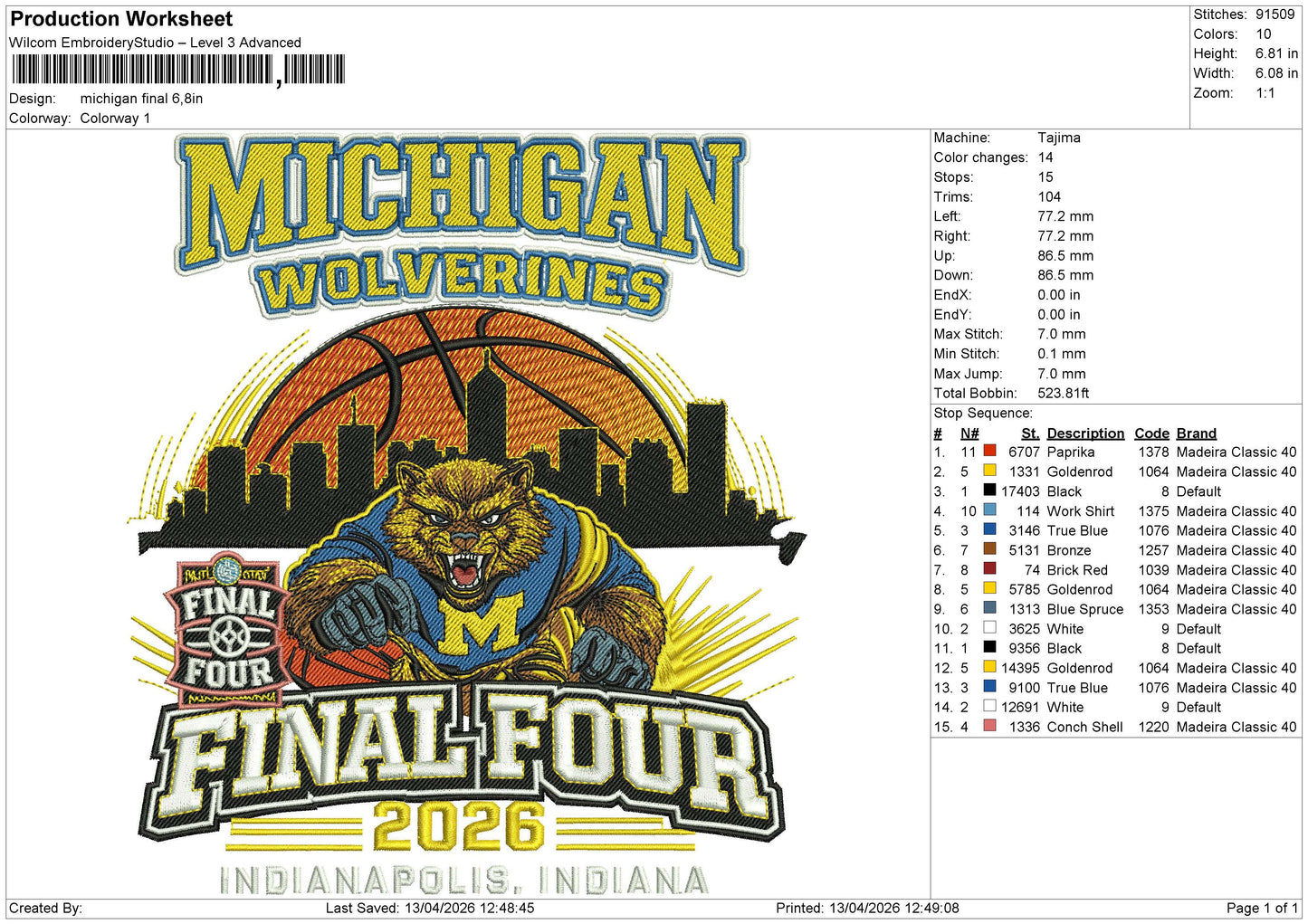 Michigan final Embroidery File 6 sizes