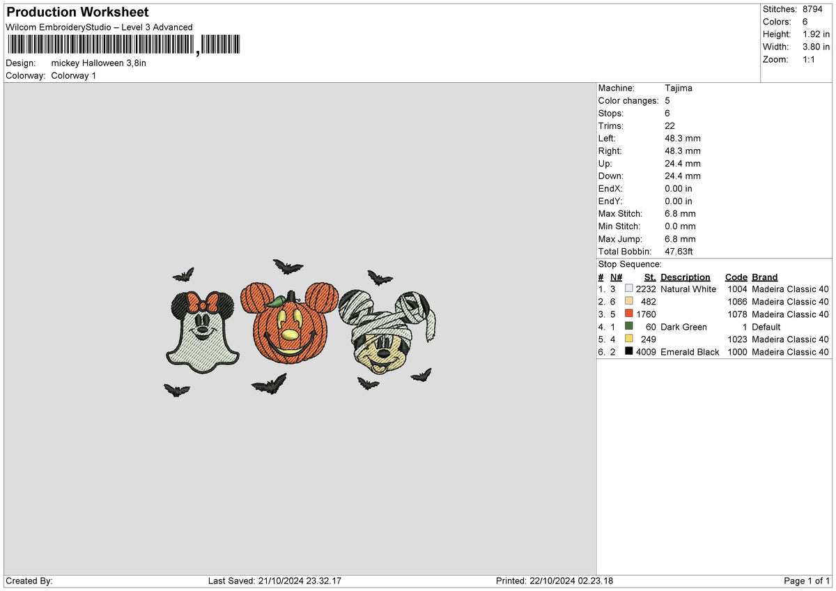 Mickeyhalloween 2210 Embroidery File 6 sizes