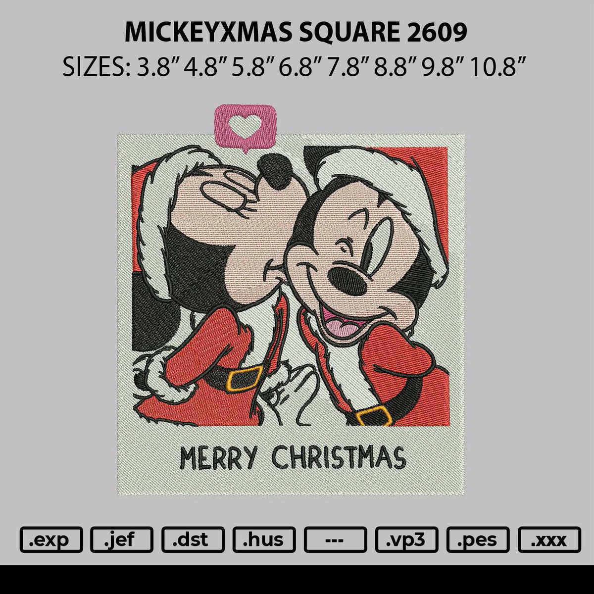 Mickeyxmas Square 2609 Embroidery File 6 sizes