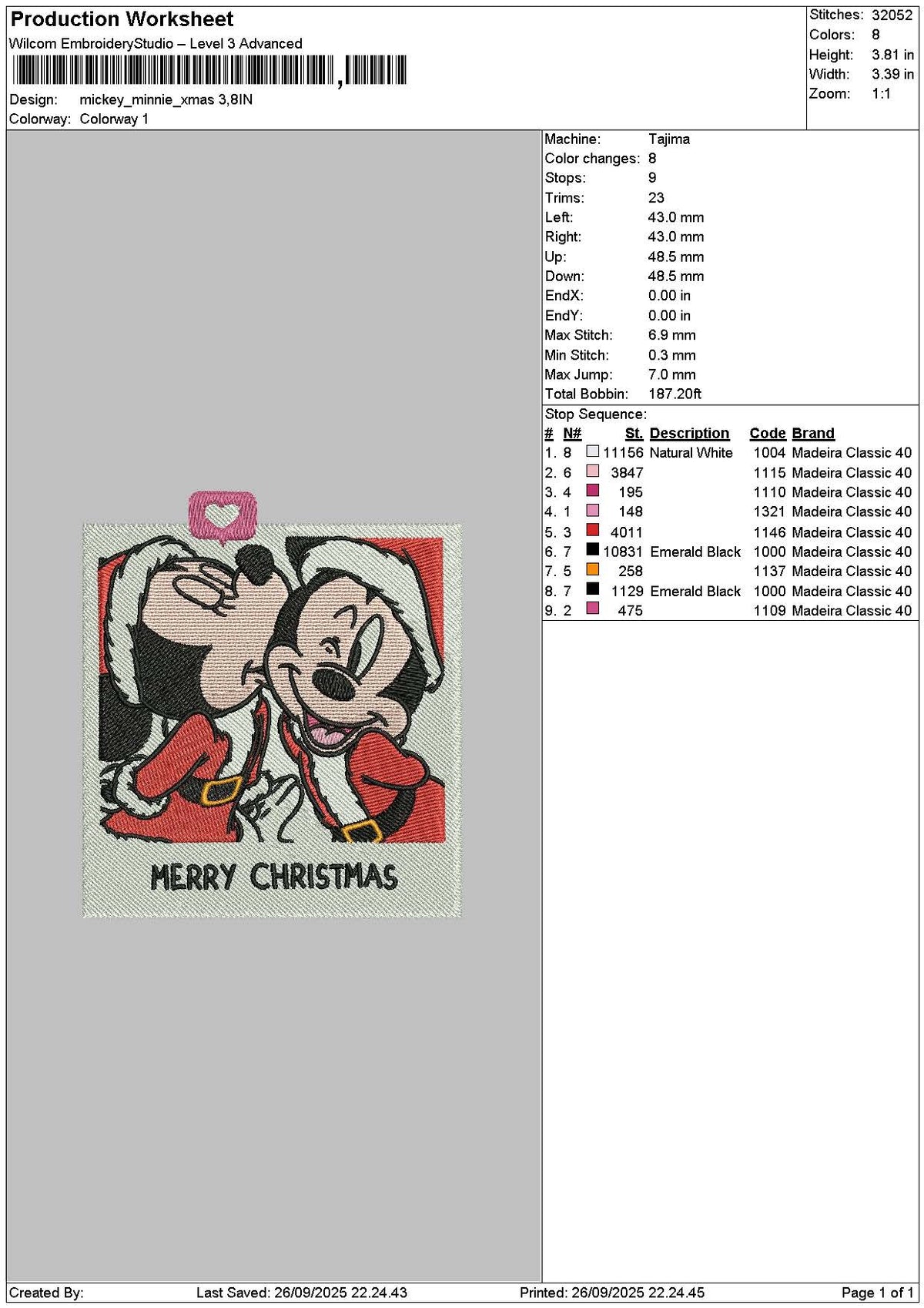 Mickeyxmas Square 2609 Embroidery File 6 sizes