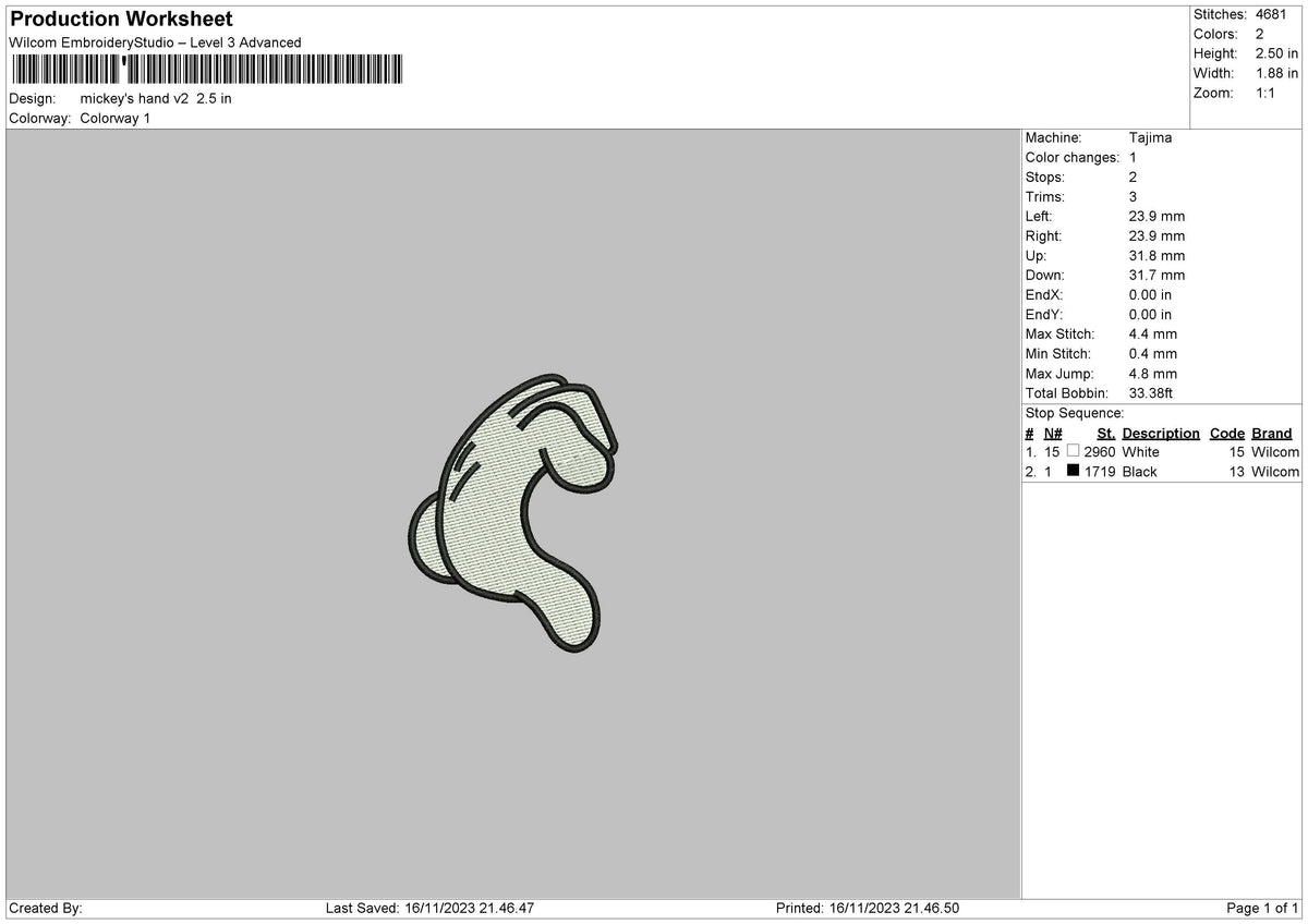 Mickeys Hand V2 Embroidery File 6 sizes