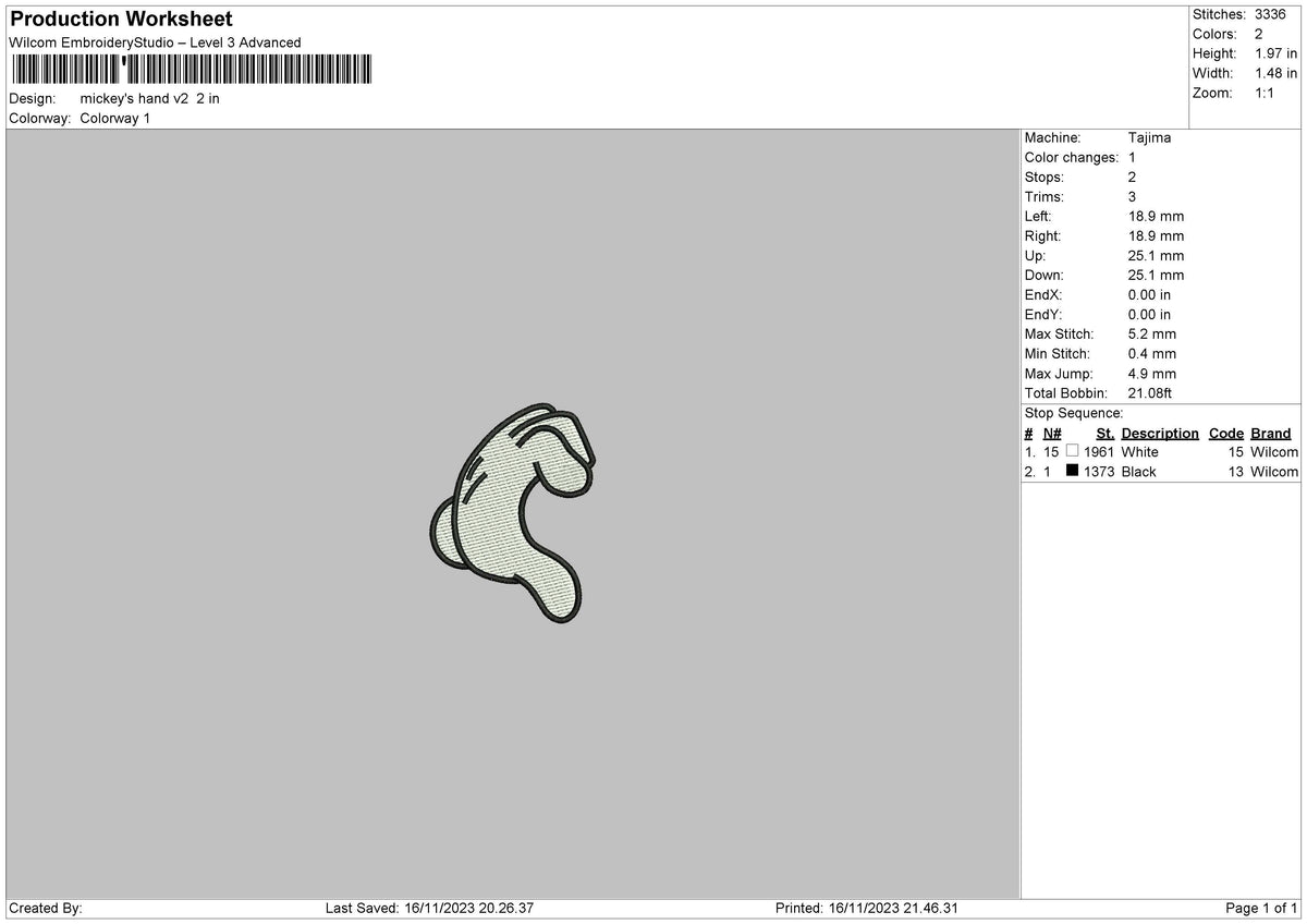 Mickeys Hand V2 Embroidery File 6 sizes