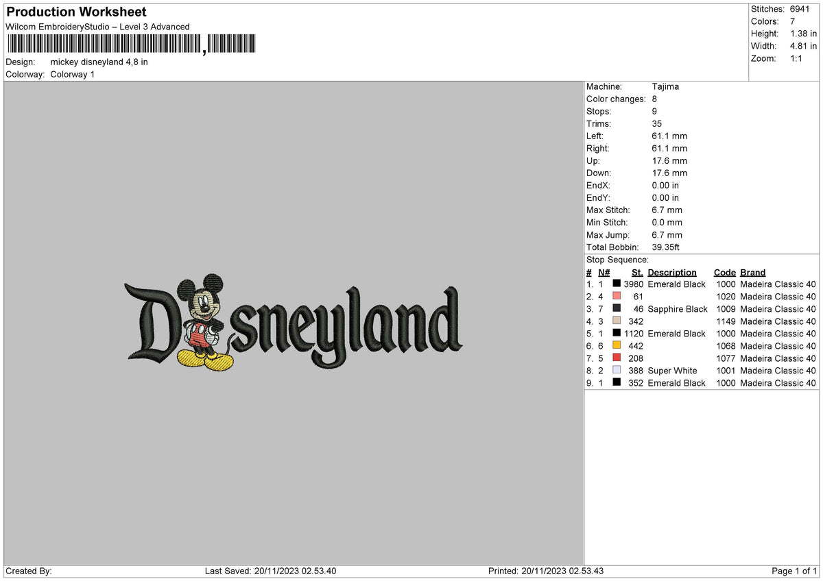 Mickeyland 23 Embroidery File 6 sizes