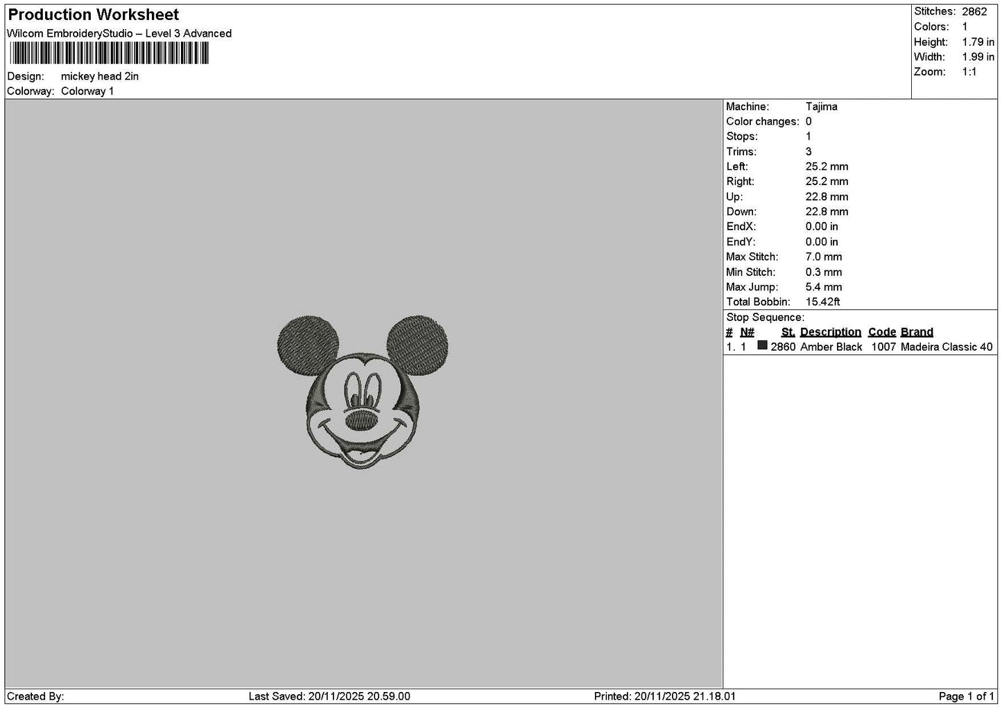 Mickeyhead 1911 Embroidery File 6 sizes