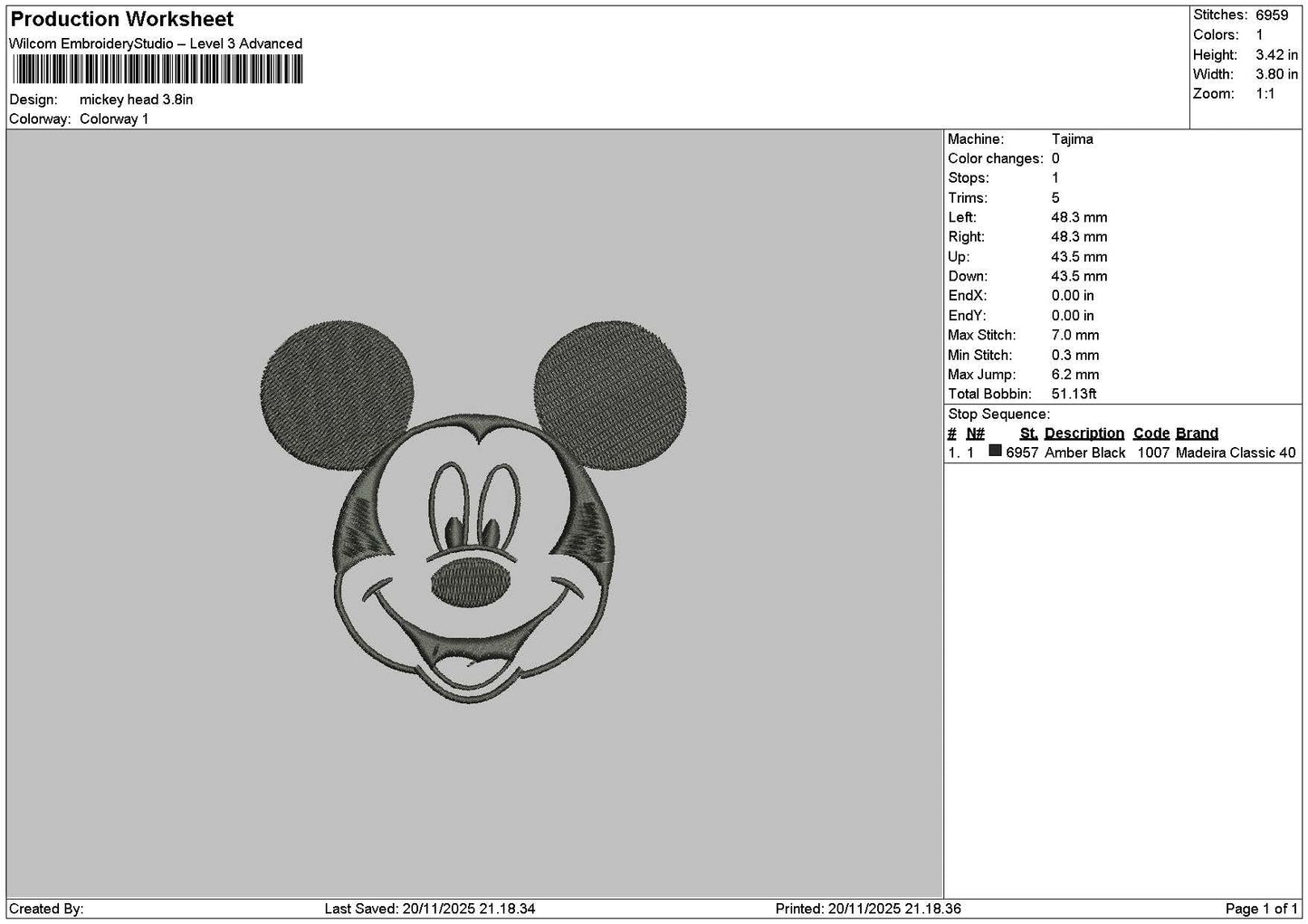 Mickeyhead 1911 Embroidery File 6 sizes