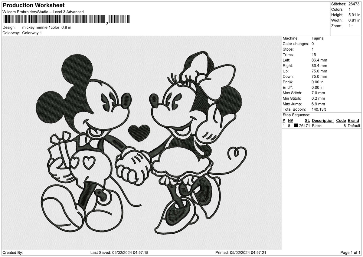 Mickey Minnie 1color Embroidery File 6 size
