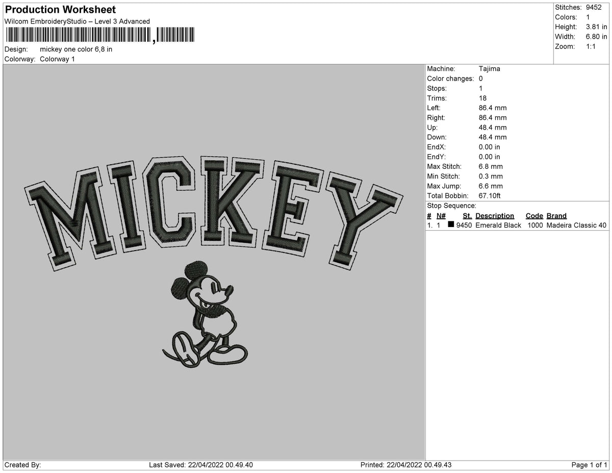 Mickey One Color Embroidery