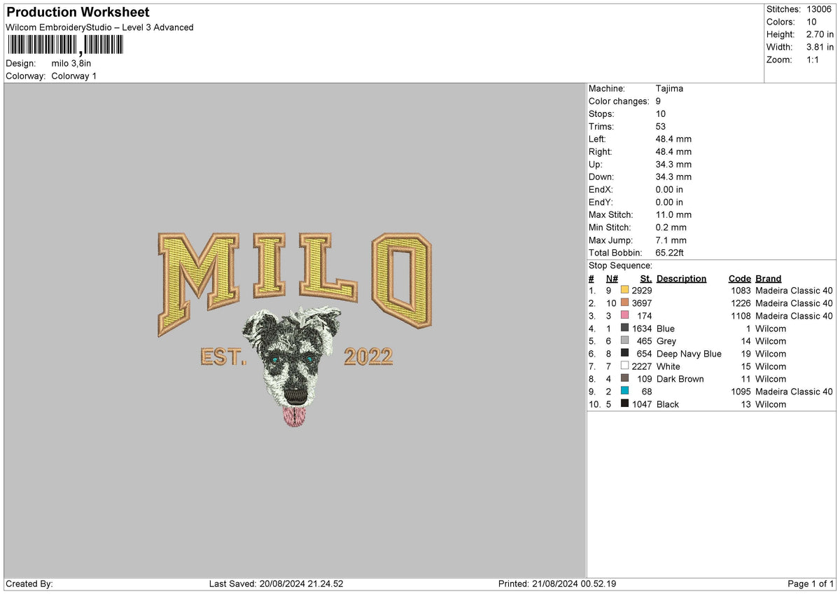 Milo Dog Embroidery File 6 sizes