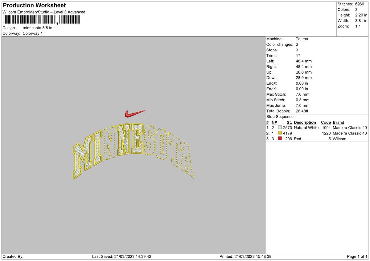 Minnesota Swoosh Embroidery File 6 sizes