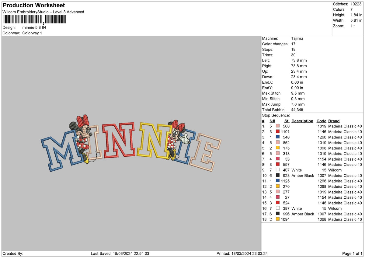 Minnietext Color Embroidery File 6 sizes