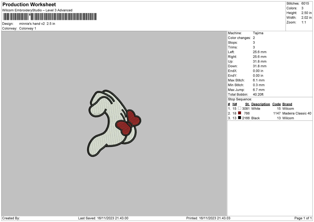 Minnies Hand V2 Embroidery File 6 sizes