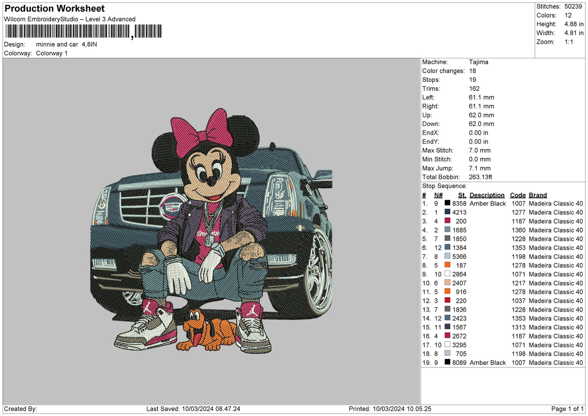 Minnie Car Embroidery File 6 sizes