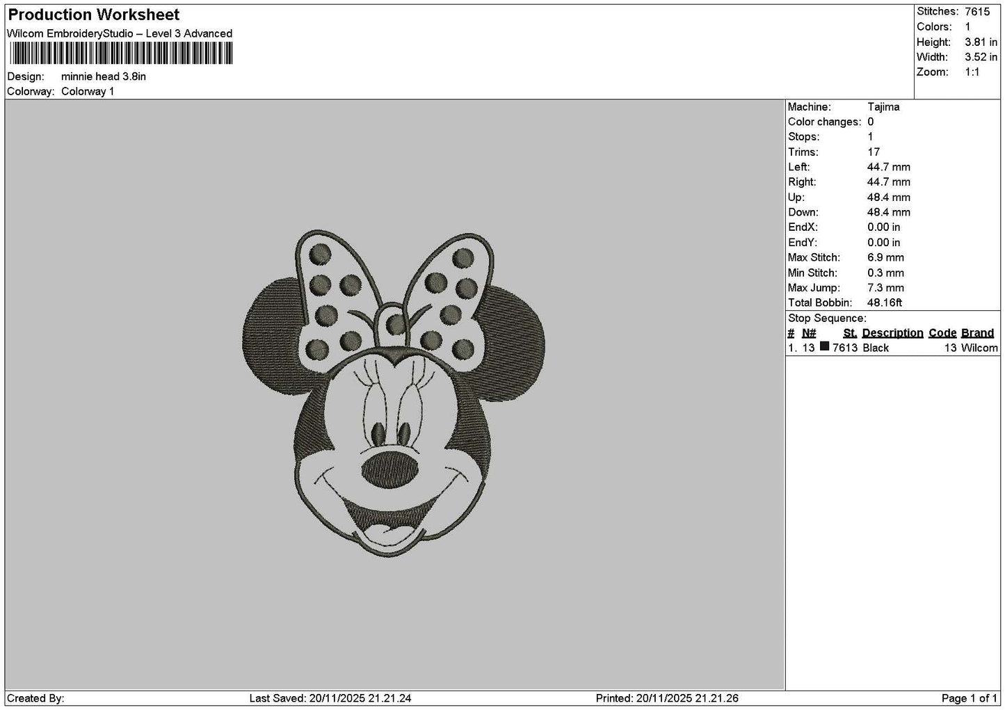Minniehead 1911 Embroidery File 6 sizes
