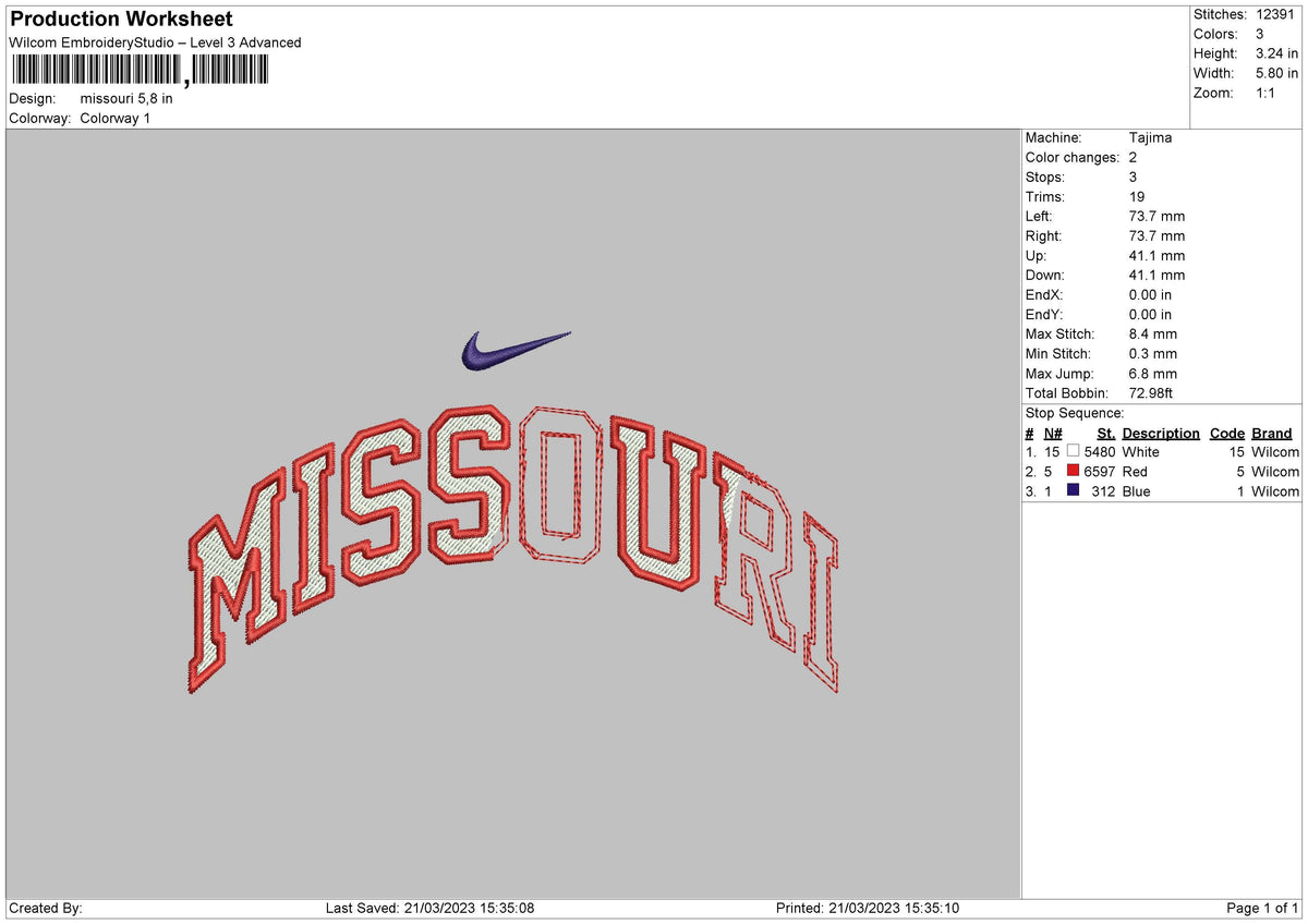 Missouri Swoosh Embroidery File 6 sizes