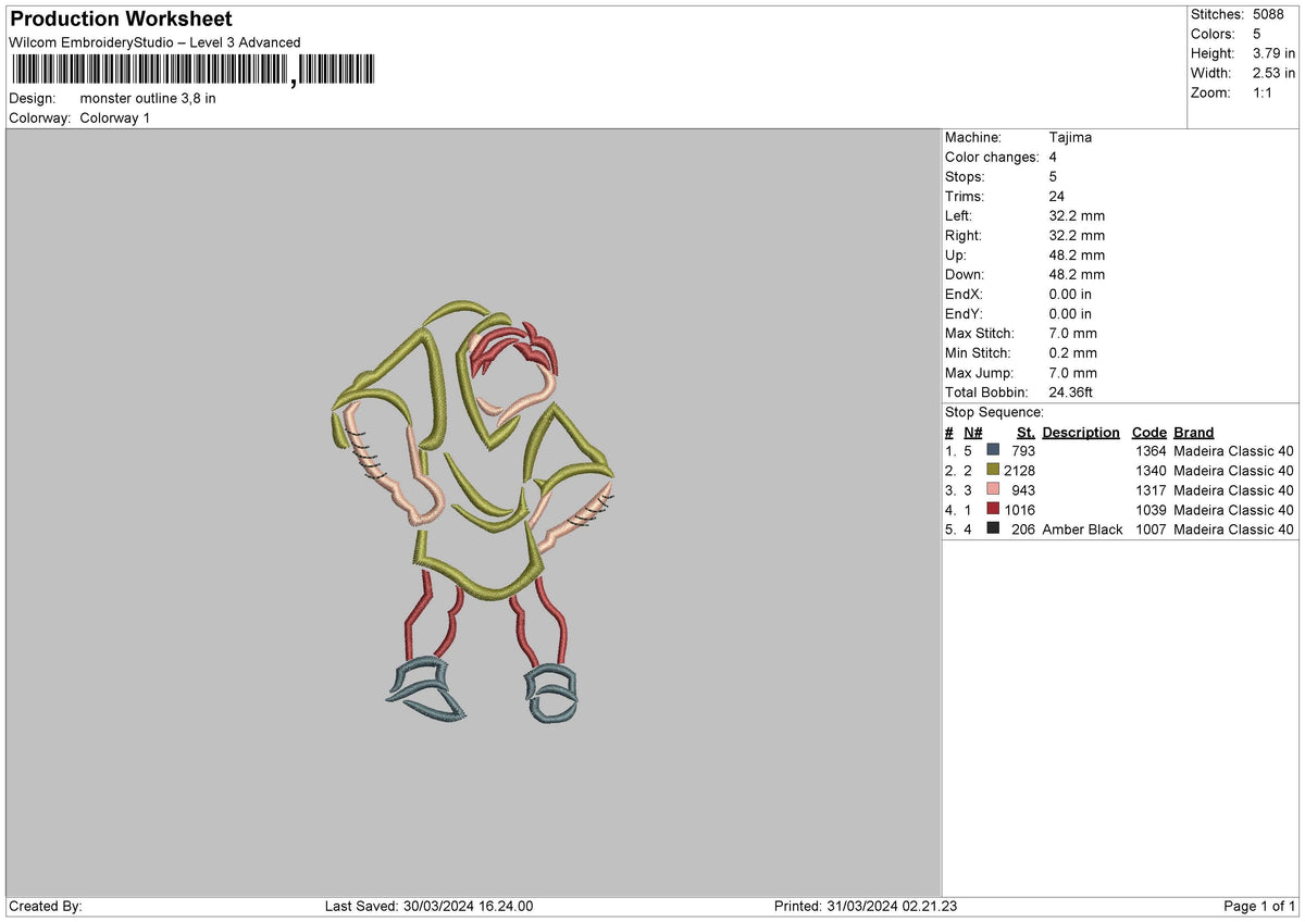 Monster Outline Embroidery File 6 sizes