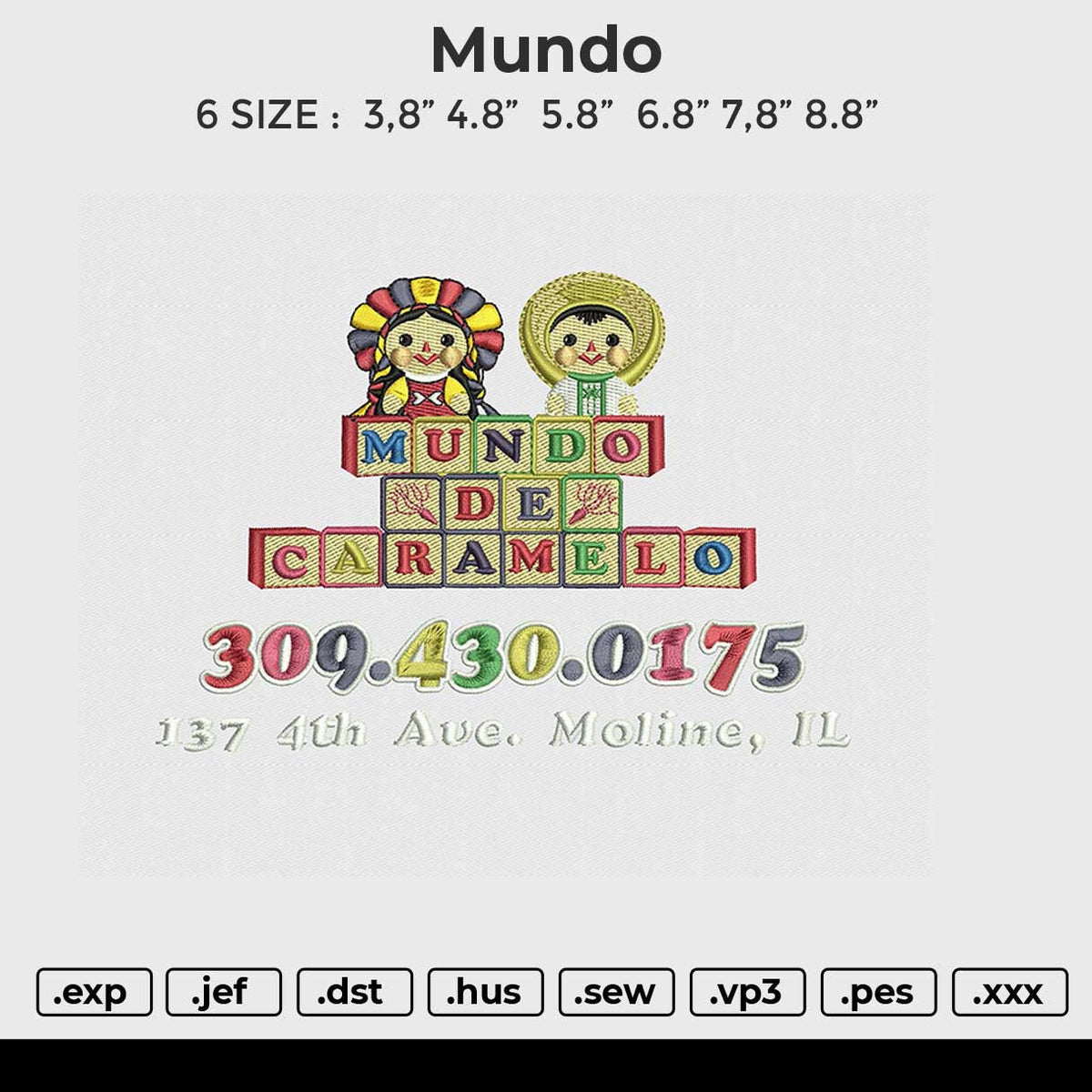 Mundo Embroidery File 6 size