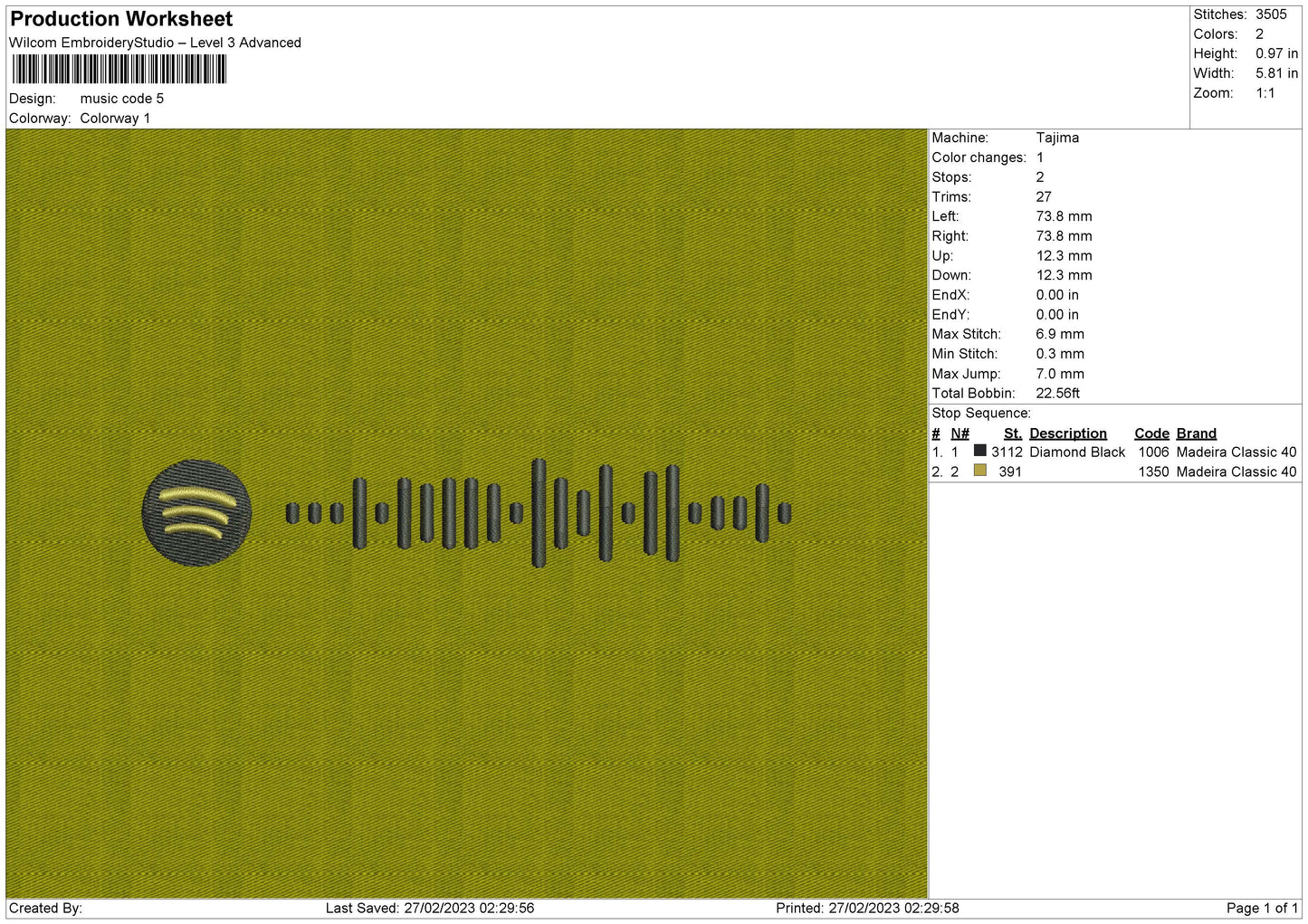 Music Code Embroidery File 6 sizes
