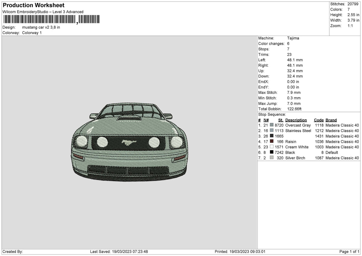 Mustang Car V2 Embroidery File 6 sizes